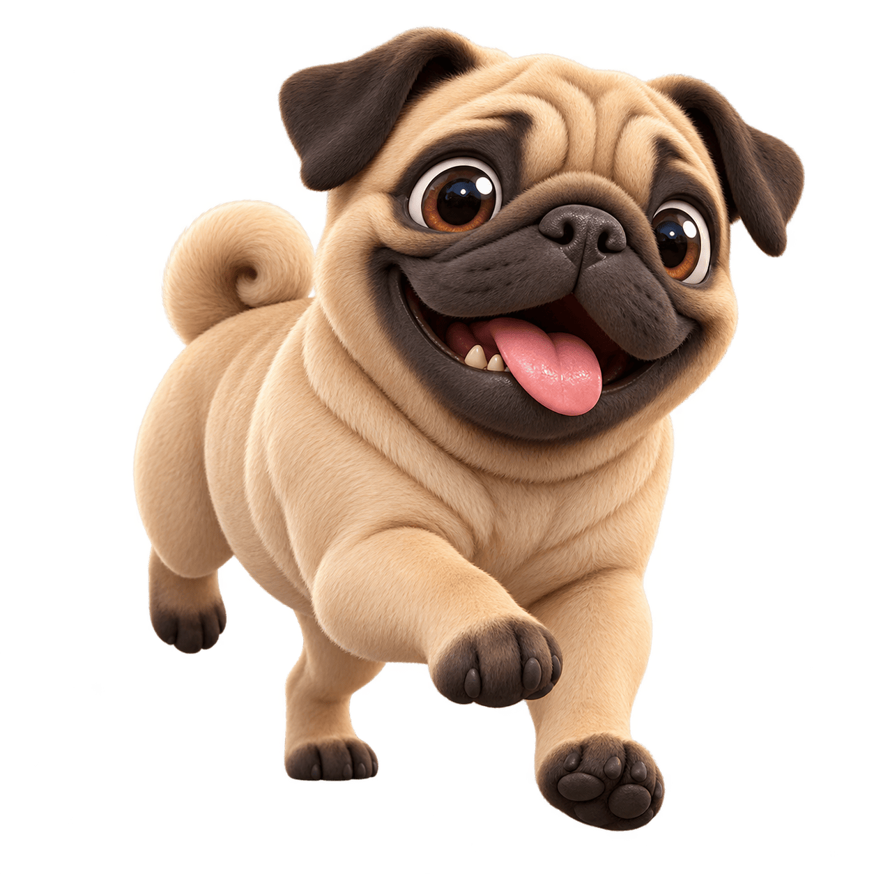 A joyful running pug mascot