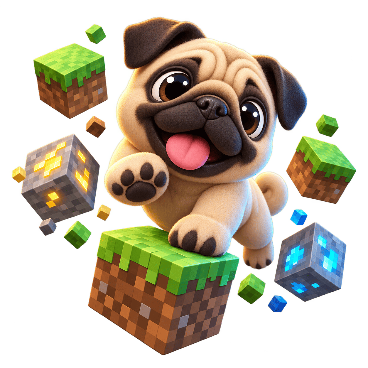 A voxel-style pug mascot jumping among blocks